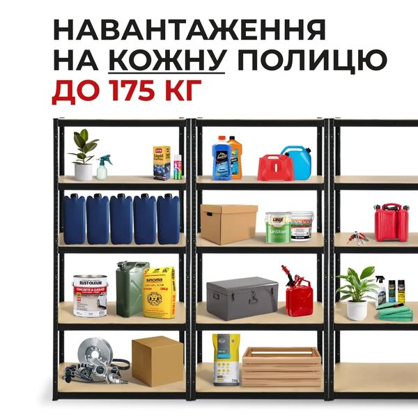 Стеллаж | 150х70х30 см | черный | 5 полок | металлический | оцинкованный | выдерживает 600 кг | Siker | универсальный | не повреждает пол | прочный 1702553481 фото