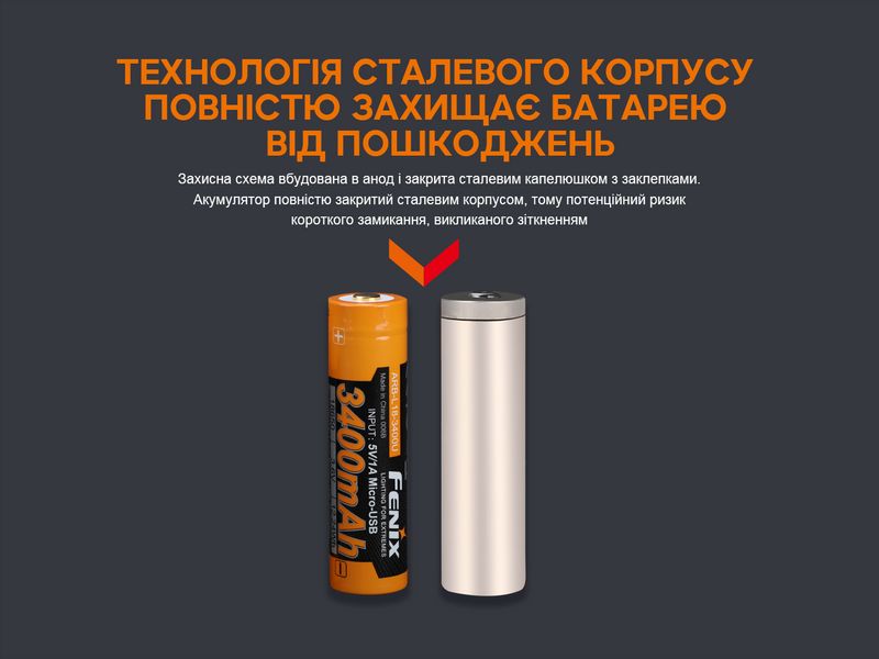 Акумулятор 18650 Fenix (3400 mAh) micro usb зарядка 2349905792 фото