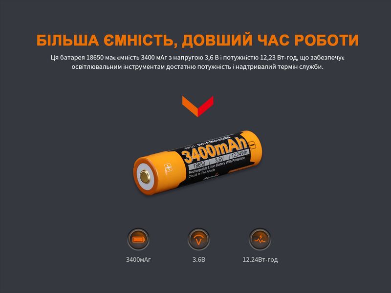 Акумулятор 18650 Fenix (3400 mAh) micro usb зарядка 2349905792 фото