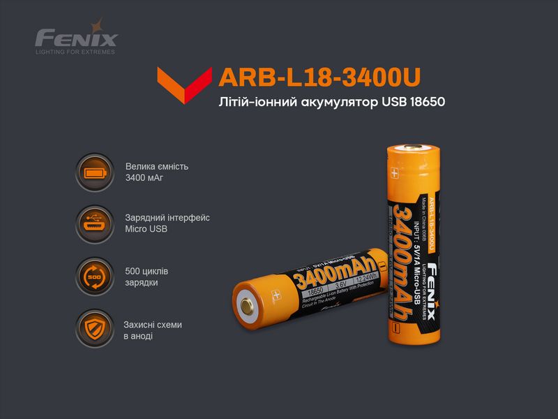 Акумулятор 18650 Fenix (3400 mAh) micro usb зарядка 2349905792 фото