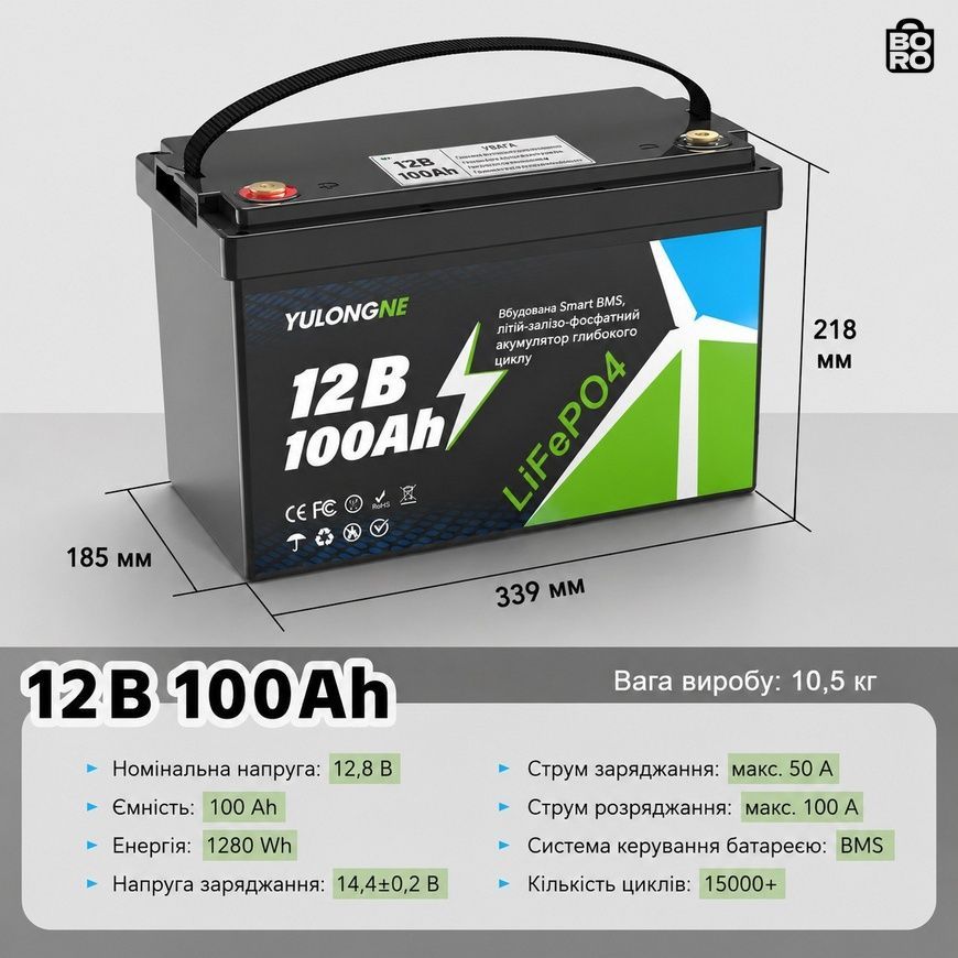Акумулятор LiFePO4 для інвертора та сонячної системи | 12,8 В, 100 А&middot;год, 1280 Вт&middot;год | BMS, розряд до 100 А | підключення 4P4S | YULONGNE 3198364292 фото