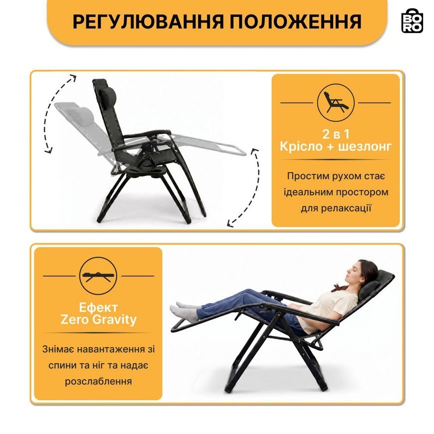 Шезлонг-кресло | Черный | до 150 кг | 178 x 64 x 110 см | с подголовником | LEOBRO LB-ZGC-G2-BLK | для дома, дачи и отдыха 2682426927 фото