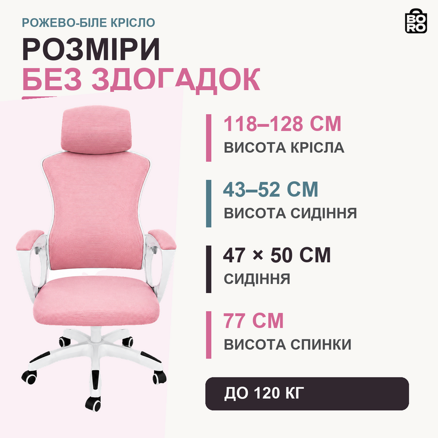 Ергономічне геймерське крісло | Рожево-біле | до 120 кг | сітка та тканина | сітчаста спинка | підголівник | для гри та роботи | Gordon G1413 3171417959 фото