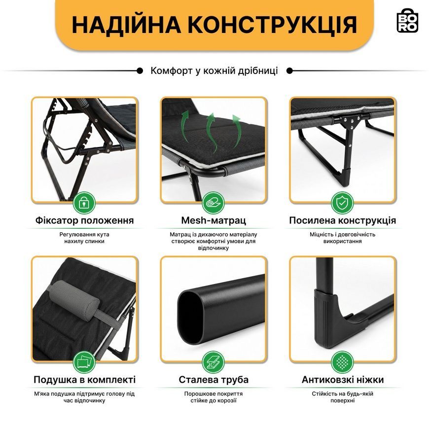 Ліжко-розкладачка | Чорний | до 150 кг | 193х68х30 см | з матрацом | з підголівником | LEOBRO LB-FB-A2-STR | для дому, дачі та відпочинку 2746024097 фото