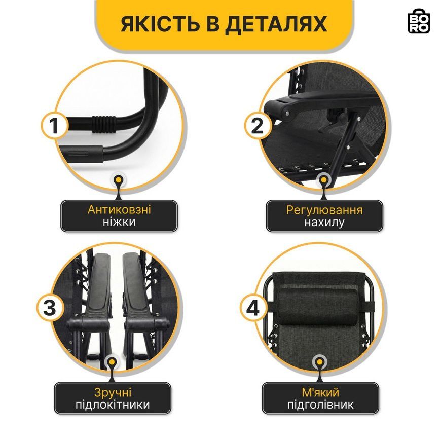 Кресло-шезлонг Zero Gravity | Черное | до 120 кг | с подушкой | LEOBRO | LB-ZGT-F3-BLK | для дома, дачи и отдыха 2865479816 фото