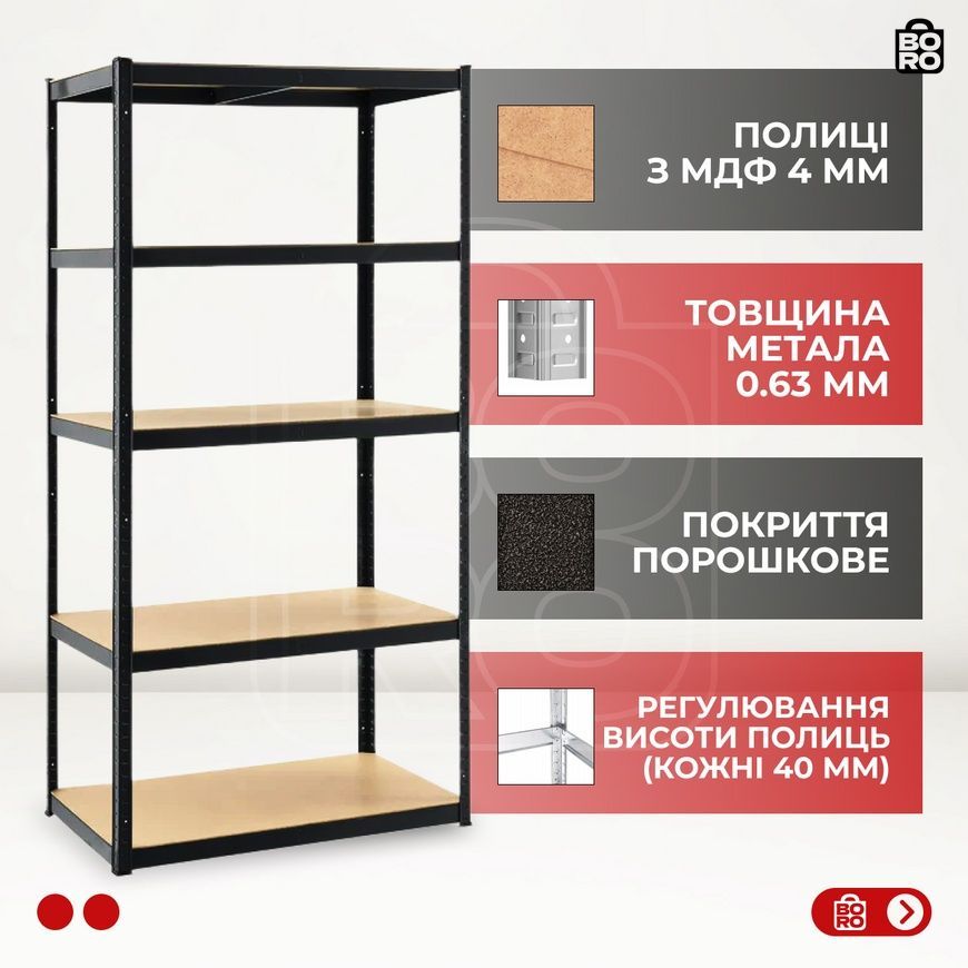 Стеллаж | 180х90х40 см | черный | 5 полок МДФ | универсальный | оцинкованный | не портит пол 1515755105 фото