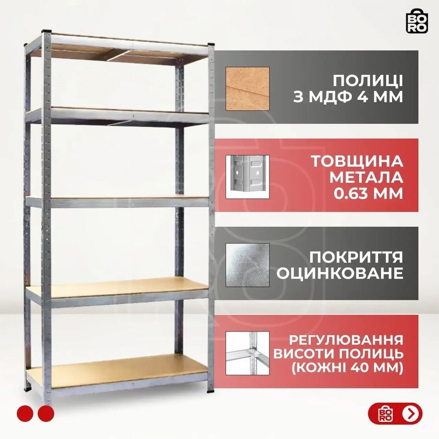 Стеллаж | 180х90х40 см | Серый | 4 полок МДФ | универсальный | оцинкованный | крепкий | не портит пол 2689537601 фото