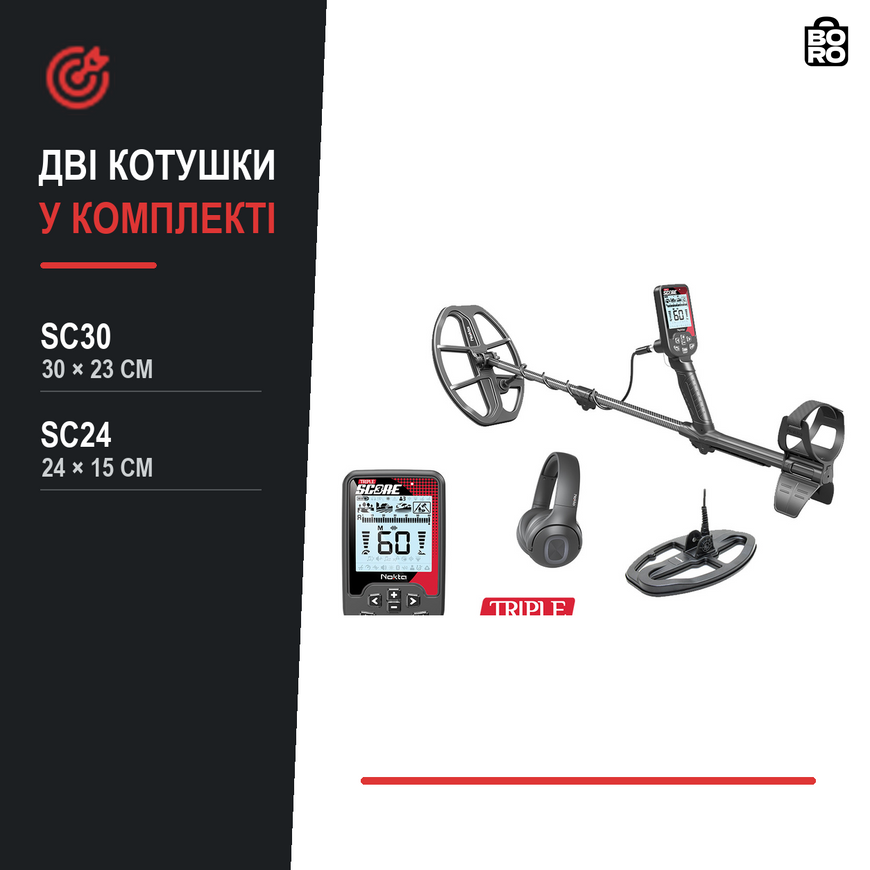 Мультичастотный металлоискатель Nokta Triple Score Pro Pack | 2 катушки | Bluetooth-наушники | IP68 до 5 м 3184620444 фото